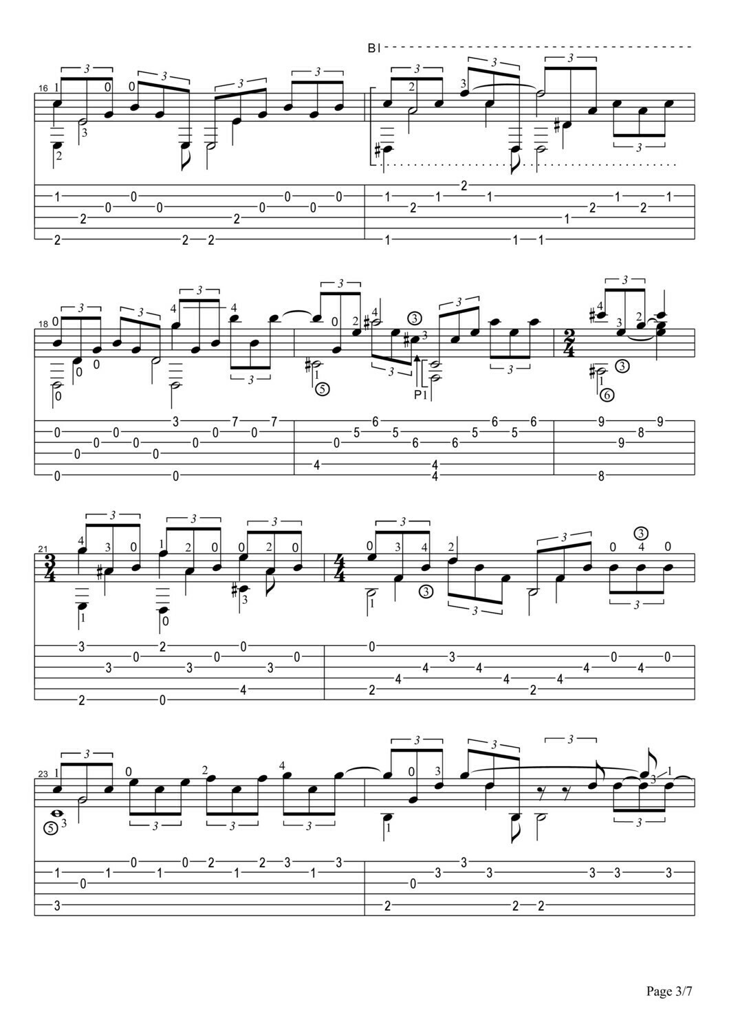 Ноты в формате PDF. Гитара.Пьеса.Прелюдия. продолжение. Ноты и табулатура для гитары лирической композиции . Темп адажио. Арпеджио. Перебор на гитаре.3 страница.